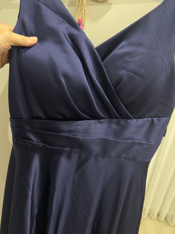 Lacivert V Yaka Uzun Drapeli Abiye Elbise - Görsel 2