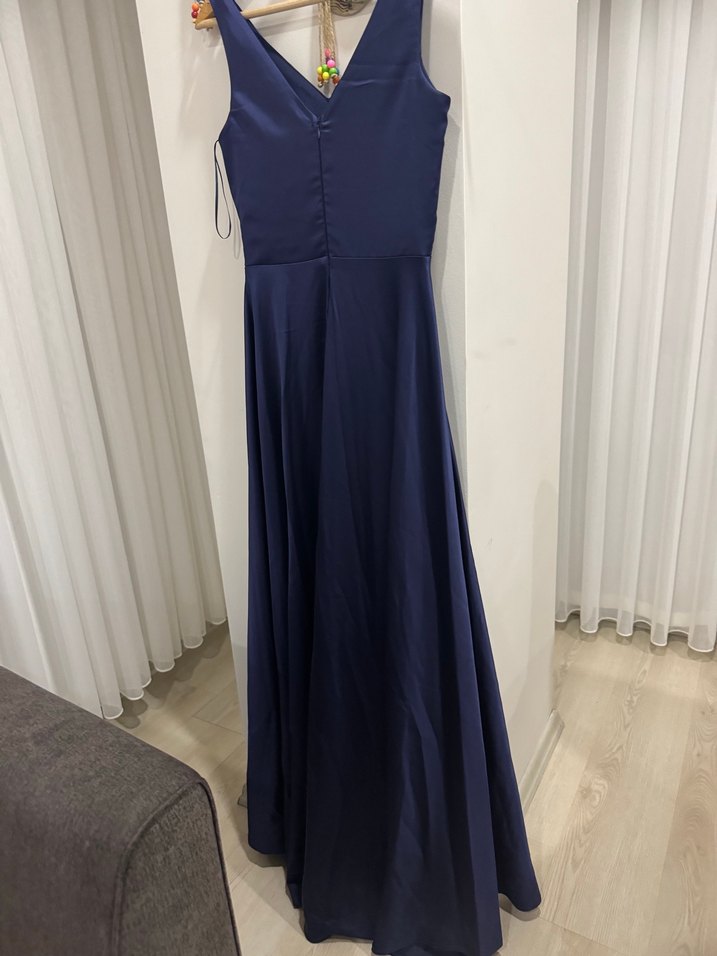Lacivert V Yaka Uzun Drapeli Abiye Elbise - Görsel 3