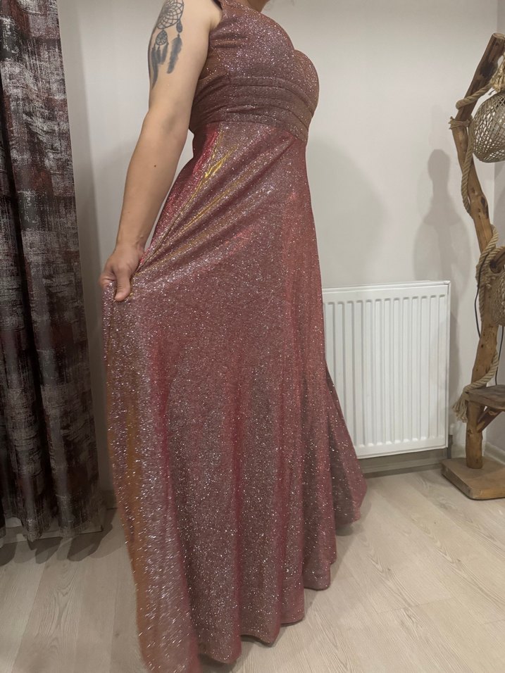 Pudra Parlak V Yakalı Uzun Abiye Elbise - Görsel 2