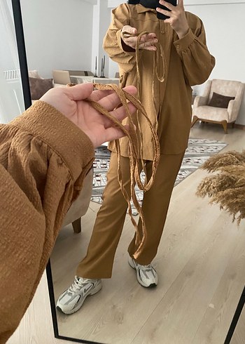 Camel Renkli Bol Kesim Kadın Keten Takım - Görsel 4