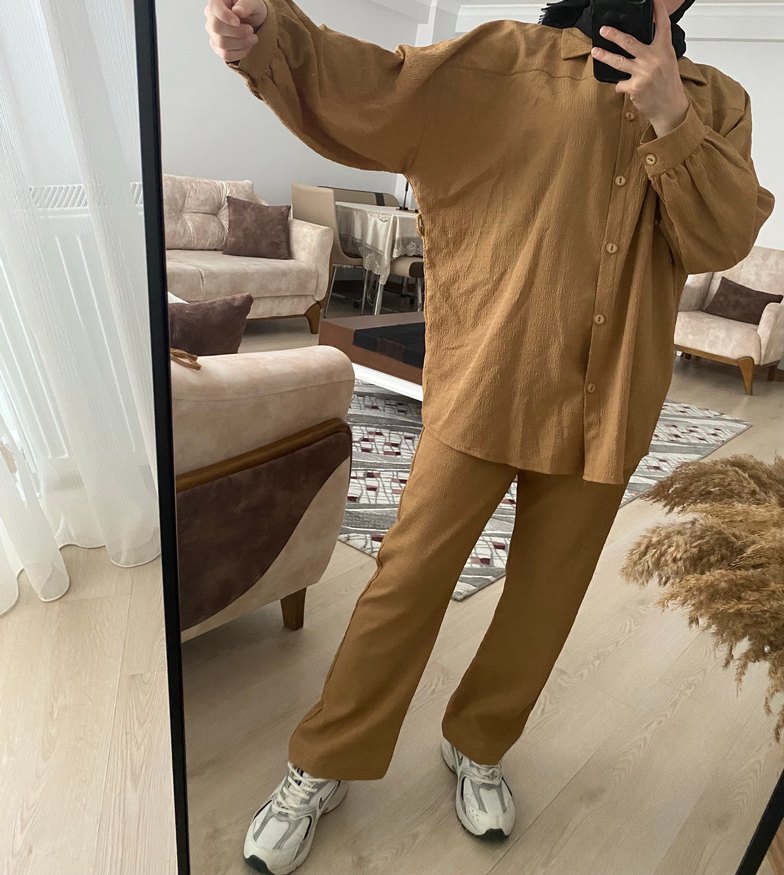 Camel Renkli Bol Kesim Kadın Keten Takım - Görsel 2