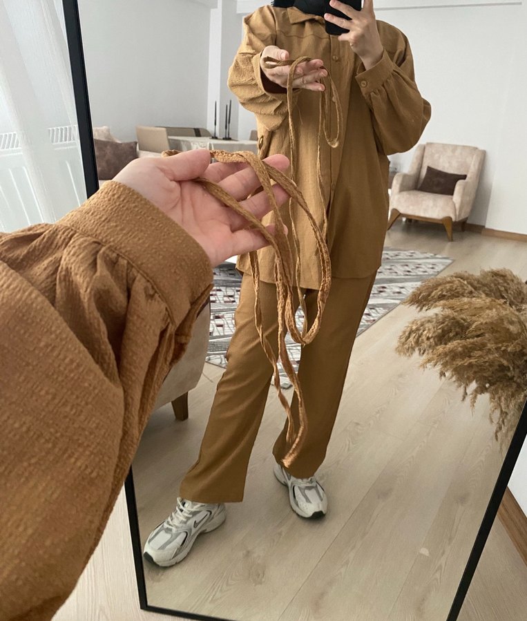 Camel Renkli Bol Kesim Kadın Keten Takım - Görsel 4