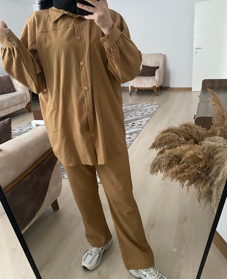 Camel Renkli Bol Kesim Kadın Keten Takım - Görsel 3