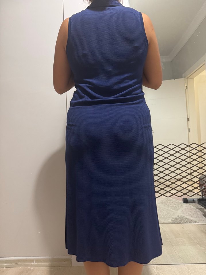 Lacivert, Yüksek Yakalı  Midi Elbise - Görsel 5