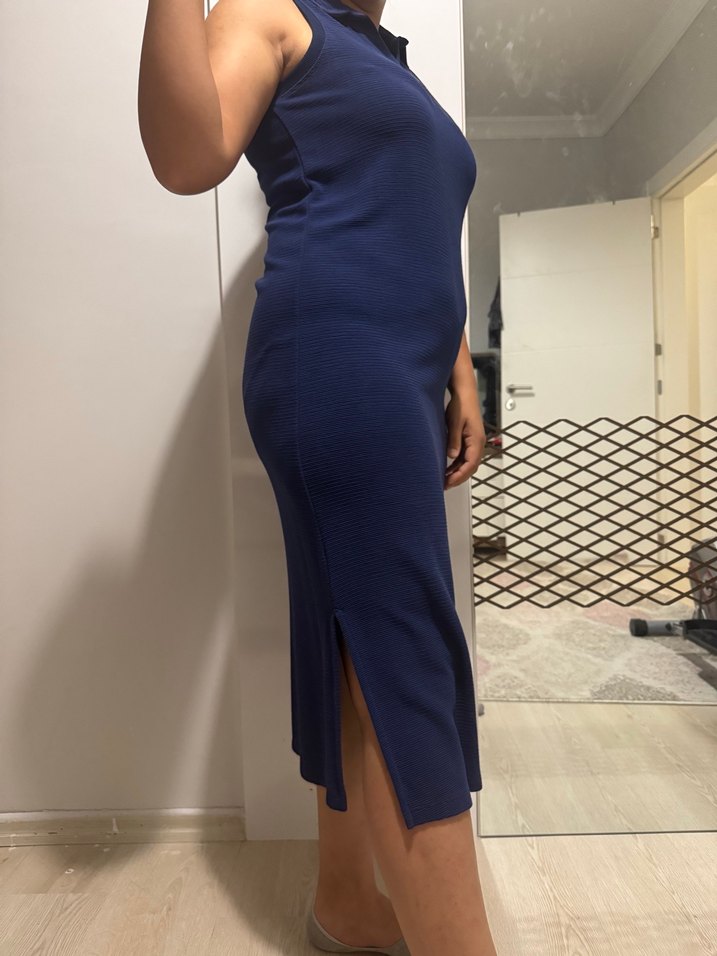 Lacivert, Yüksek Yakalı  Midi Elbise - Görsel 4