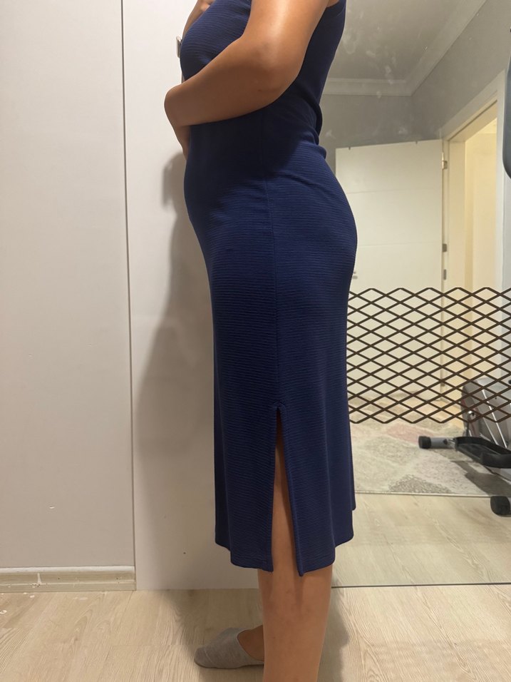 Lacivert, Yüksek Yakalı  Midi Elbise - Görsel 2