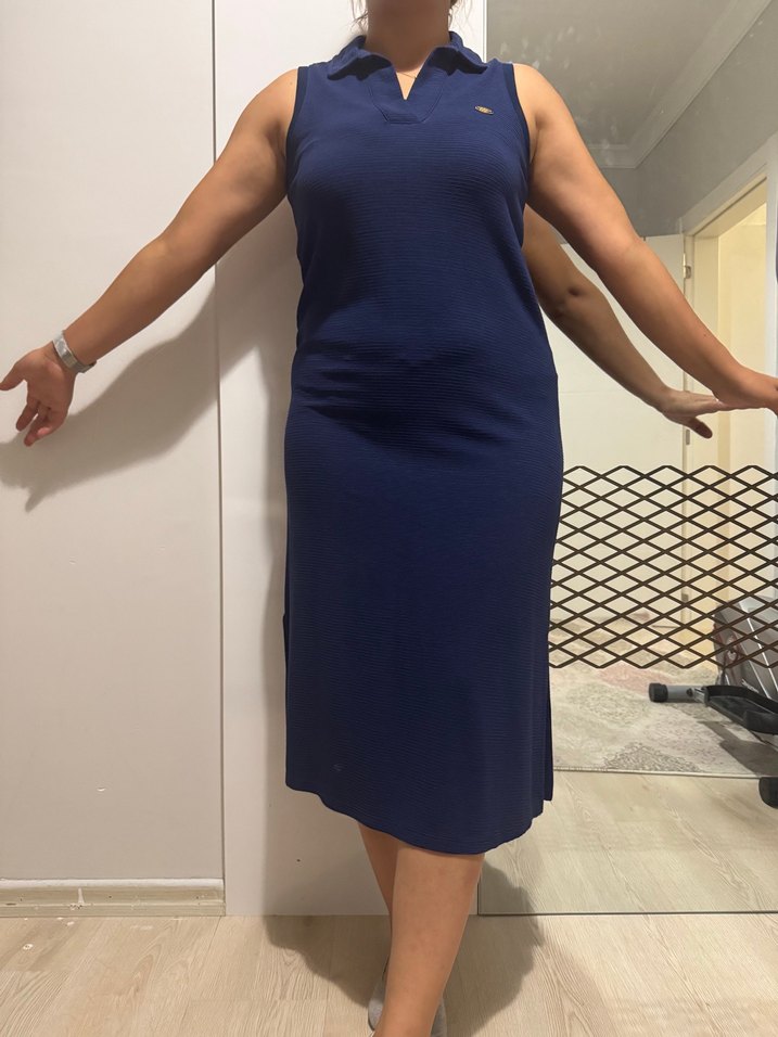 Lacivert, Yüksek Yakalı  Midi Elbise - Görsel 3
