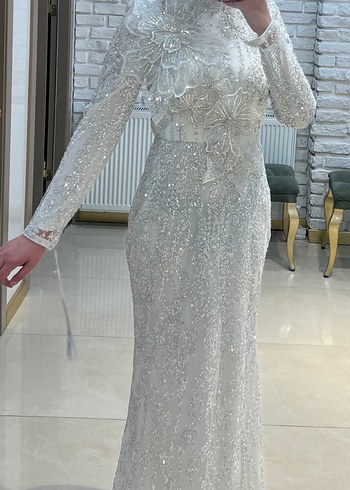 Abiye Ekru taş ve pul detaylı abiye