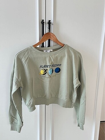 s Beden yeşil Renk Ole by Koton Su Yeşili Crop Sweatshirt