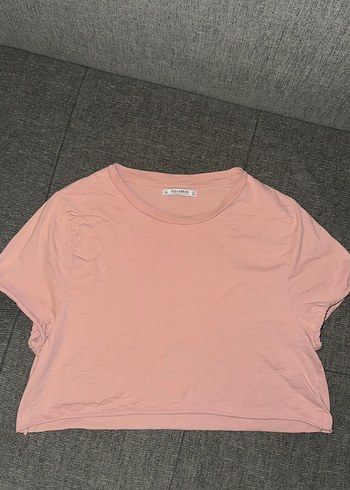 Pull and Bear Pembe Kısa Kollu crip Kadın Tişört