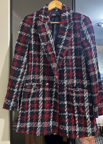 Zara Kirmizi Siyah Ekose Oversize Blazer