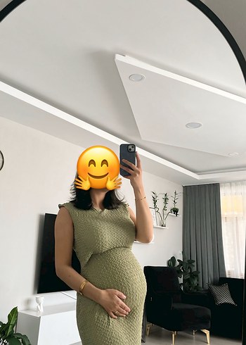 Haki Yüksek Yakalı Hamile Midi Elbise