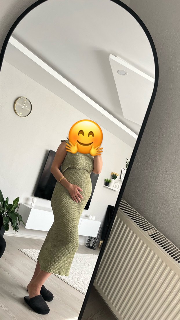 Haki Yüksek Yakalı Hamile Midi Elbise - Görsel 2