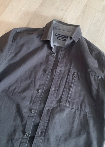 Gri Keten Erkek Gömlek, Düğmeli, Uzun Kollu - Görsel 3