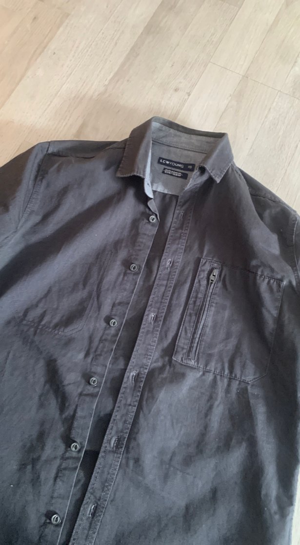 Gri Keten Erkek Gömlek, Düğmeli, Uzun Kollu - Görsel 3