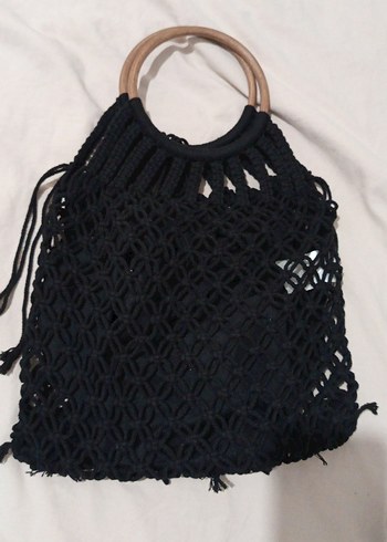 Dantel Detaylı Siyah Örgü Bohem Çanta - Görsel 2