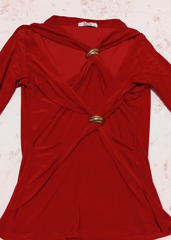 Kırmızı, V Yakalı, Tokalı Kadın Bluz - Görsel 2