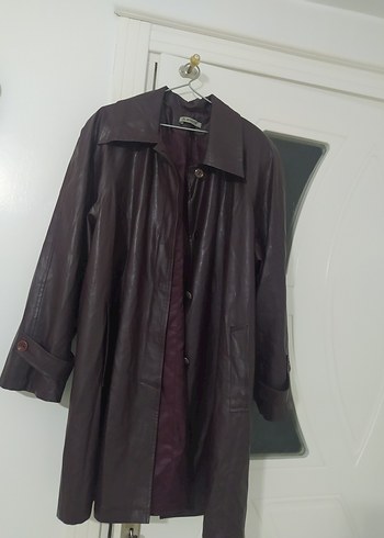 mor renk Uzun Deri Kadın Ceket - Görsel 3