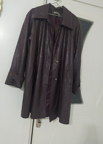 mor renk Uzun Deri Kadın Ceket - Görsel 4