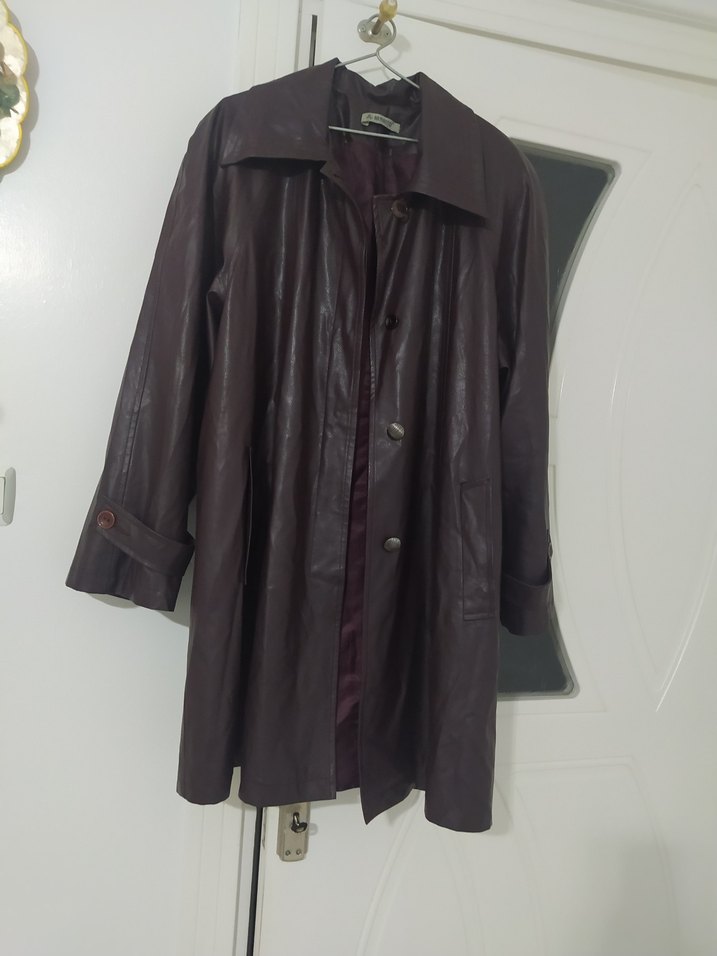 mor renk Uzun Deri Kadın Ceket - Görsel 2