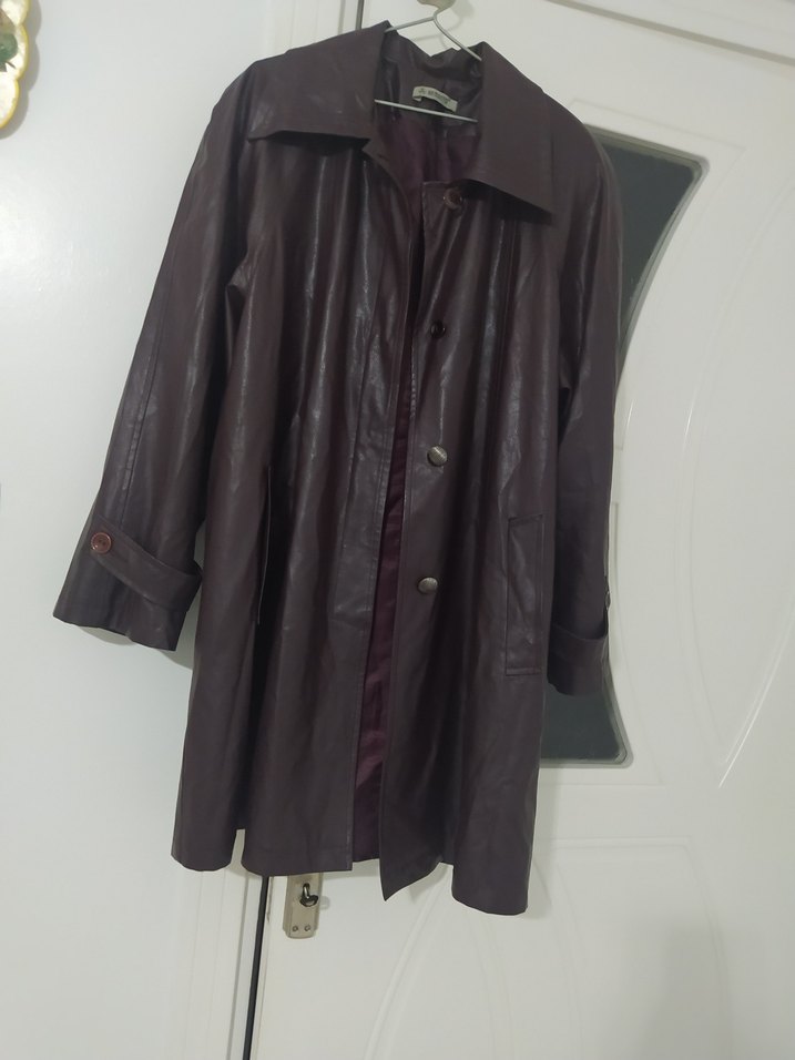 mor renk Uzun Deri Kadın Ceket - Görsel 4