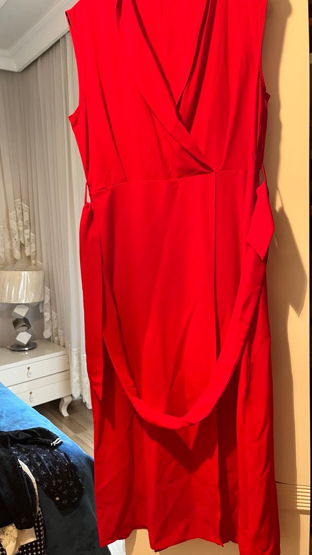 Kırmızı Drapeli V Yaka elbise - Görsel 3