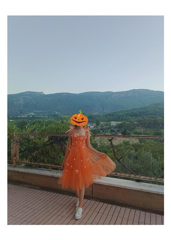 Turuncu  tül abiye elbise çiçek ve kelebek detaylı - Görsel 3