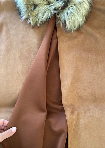 Kahverengi Süet Ponço Kürk Detaylı - Görsel 5