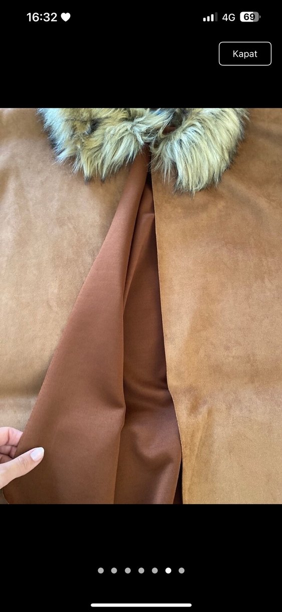 Kahverengi Süet Ponço Kürk Detaylı - Görsel 5