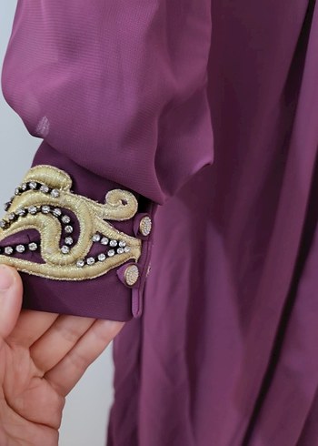 Bordo İşlemeli Uzun Kollu Kadın Abiye Elbise - Görsel 7