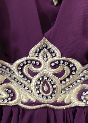 Bordo İşlemeli Uzun Kollu Kadın Abiye Elbise - Görsel 6