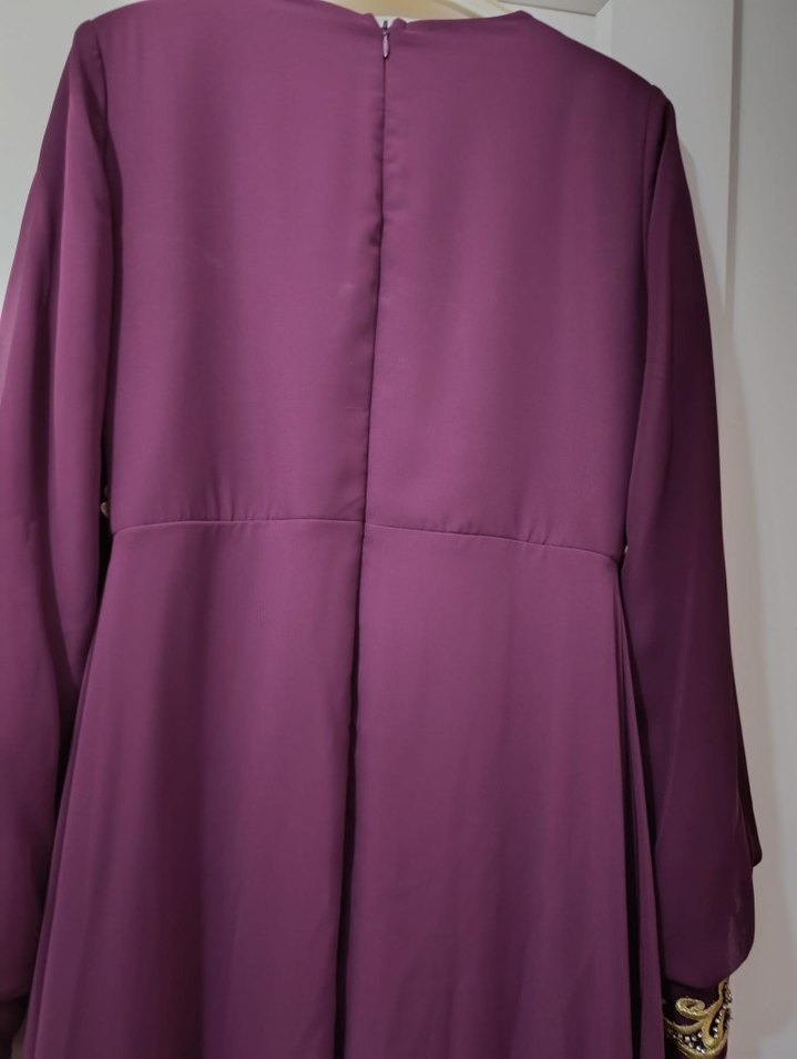 Bordo İşlemeli Uzun Kollu Kadın Abiye Elbise - Görsel 2