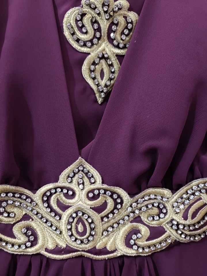 Bordo İşlemeli Uzun Kollu Kadın Abiye Elbise - Görsel 4