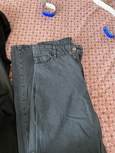 Gri yıkamalı yüksek bel bol paça pantolon