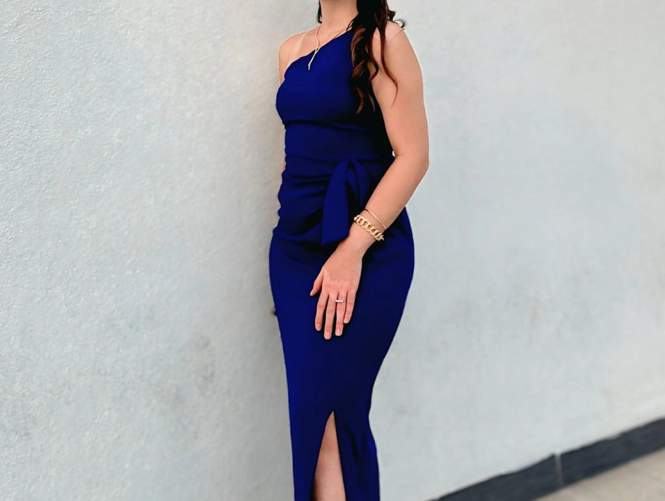 Mavi Drapeli Uzun Tek Omuz Abiye - Görsel 3