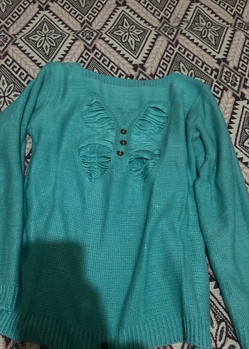 Turkuaz Bohem Örgü Kadın Kazak - Görsel 2