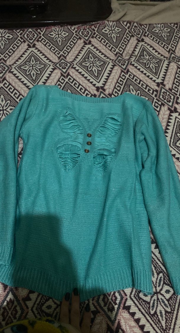 Turkuaz Bohem Örgü Kadın Kazak - Görsel 2