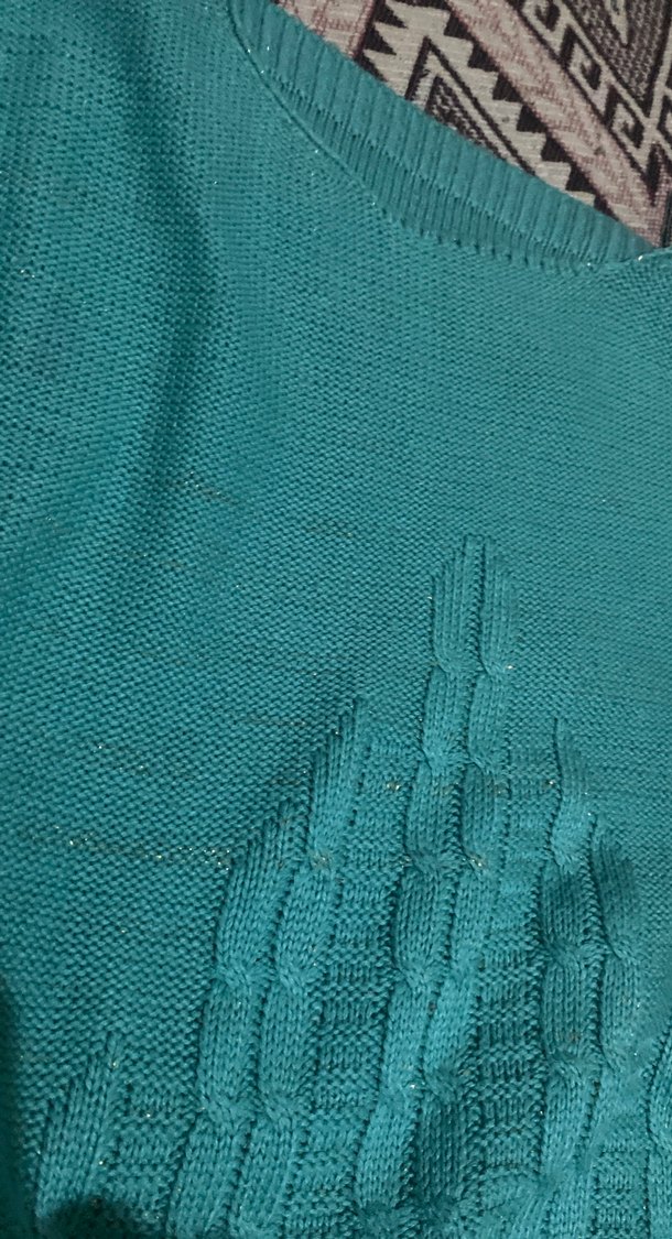 Turkuaz Bohem Örgü Kadın Kazak - Görsel 3