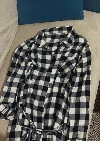 Gri Ekose Desenli Uzun Kollu Kadın Gömlek elbise - Görsel 2