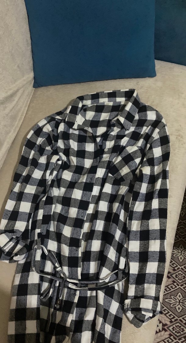 Gri Ekose Desenli Uzun Kollu Kadın Gömlek elbise - Görsel 2