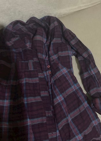 Mor Keten Kadın Gömlek, Düğmeli, Uzun Kollu - Görsel 3