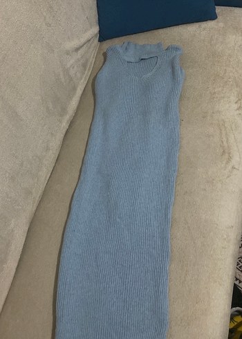 Yüksek Yaka Mavi Triko Kadın elbise - Görsel 2