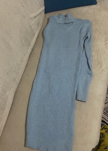 Yüksek Yaka Mavi Triko Kadın elbise - Görsel 3