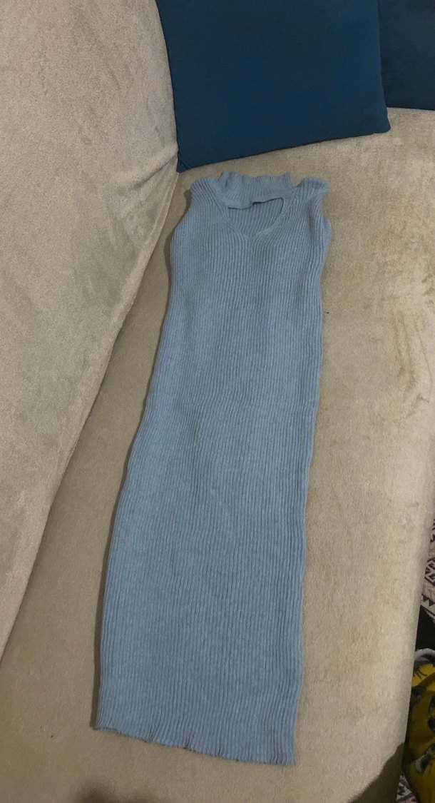 Yüksek Yaka Mavi Triko Kadın elbise - Görsel 2