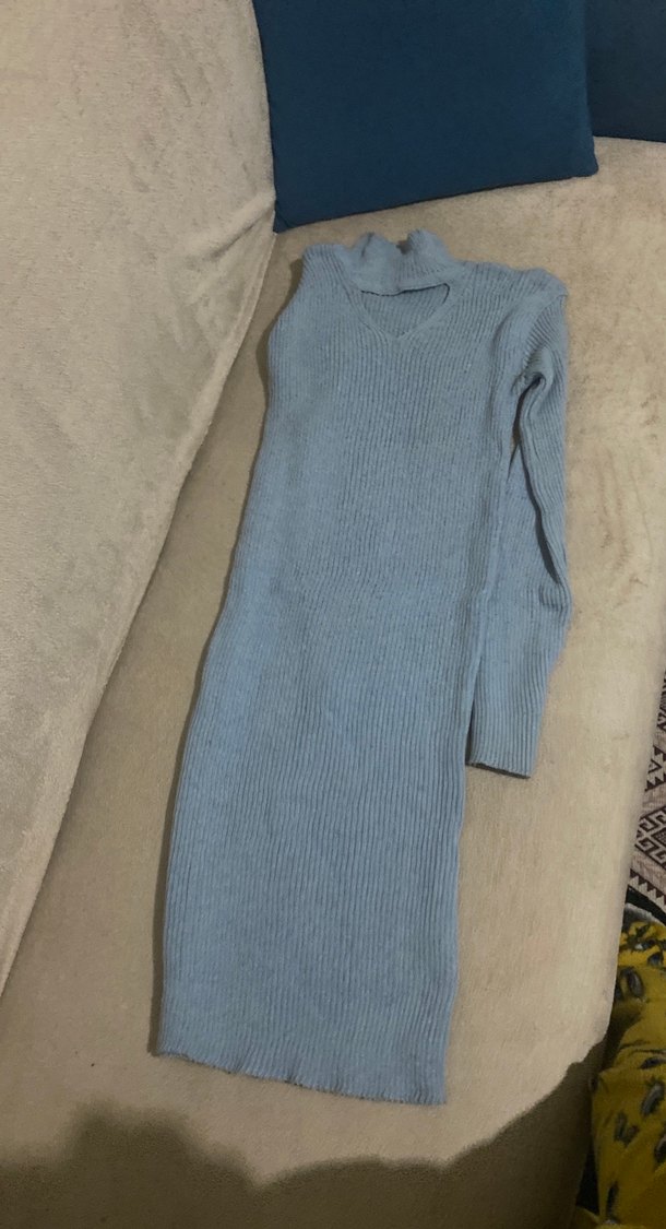 Yüksek Yaka Mavi Triko Kadın elbise - Görsel 3
