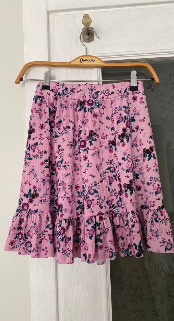 Pembe Çiçekli Fırfırlı Mini Etek milla - Görsel 2