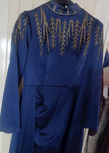 Drapeli Lacivert Uzun Abiye Elbise - Görsel 5