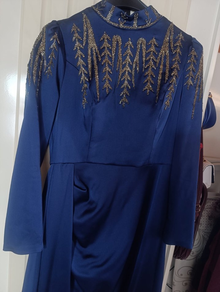 Drapeli Lacivert Uzun Abiye Elbise - Görsel 5