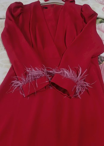 Klasik Kırmızı Uzun V Yaka Elbise - Görsel 3
