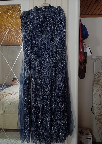 Uzun Lacivert Drapeli Kadın Abiye Elbise - Görsel 2